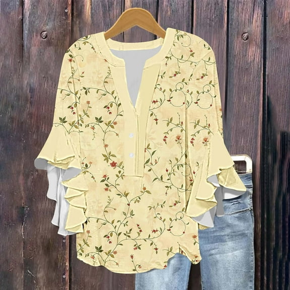 Jsaierl Women's 3/4 Sleeve Tops Summer Button Up V Neck Shirts Cute Graphic Petite Blouses Work Loose Fit Tunic Top S-2XL
