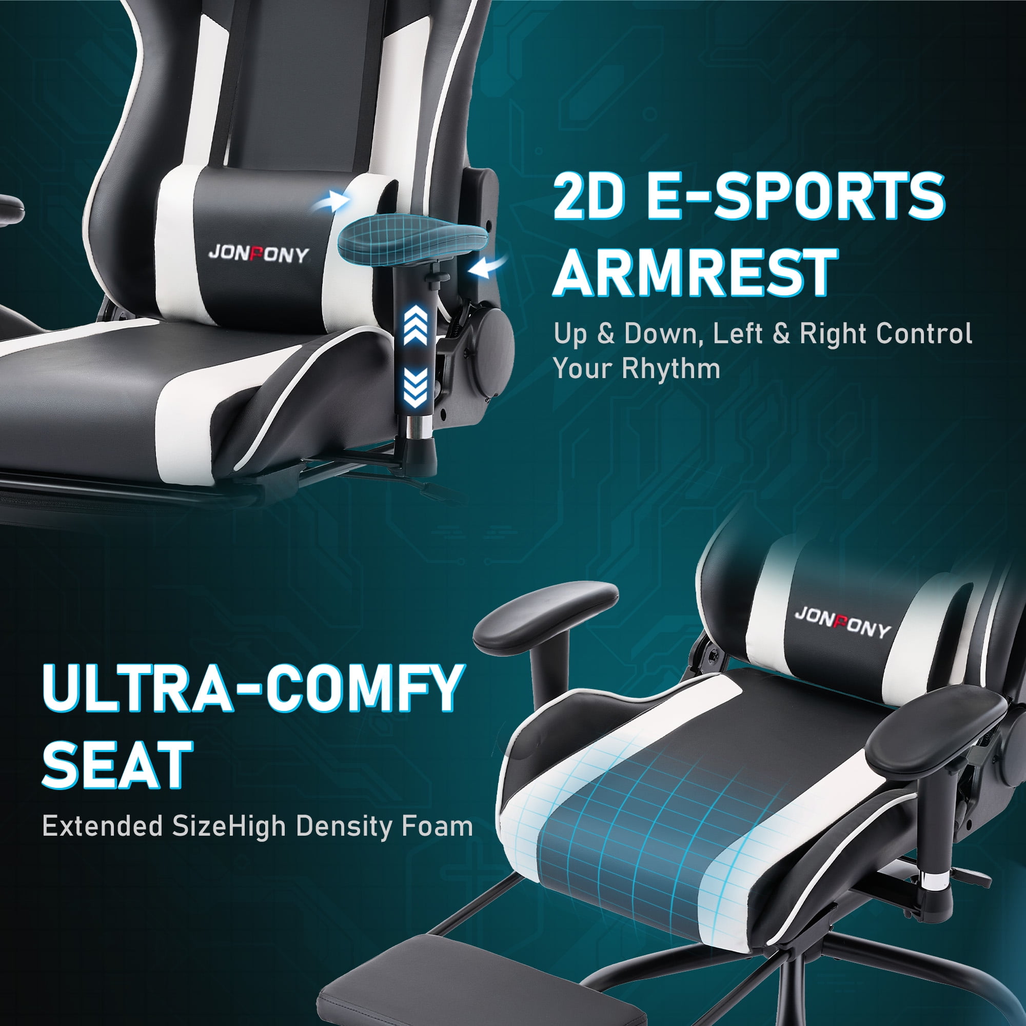 JONPONY Game Chair,Ergonomically Designed Computer Chair with headrest and 2D Armrests,with Footrest and Lumbar Support,High Back Office Chair Support 8 Hours Long Sitting,Computer Chair,WHITE