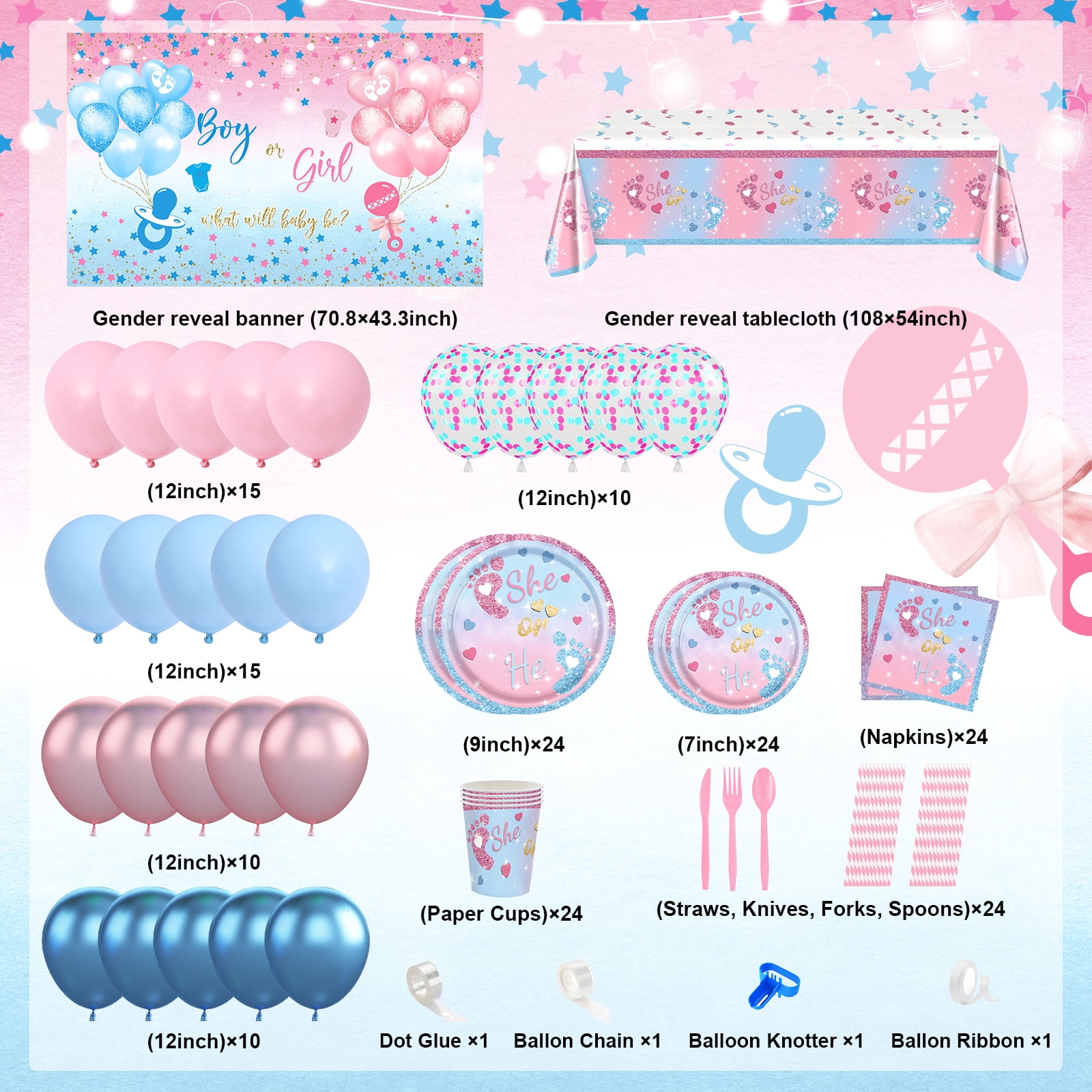 Mocsicka Gender Reveal Decorations Kit 251 PCS Boy or Girl Banner Disposable Plates Napkins Balloons Tablecloth Pink Blue Gender Reveal Party Supplies Set