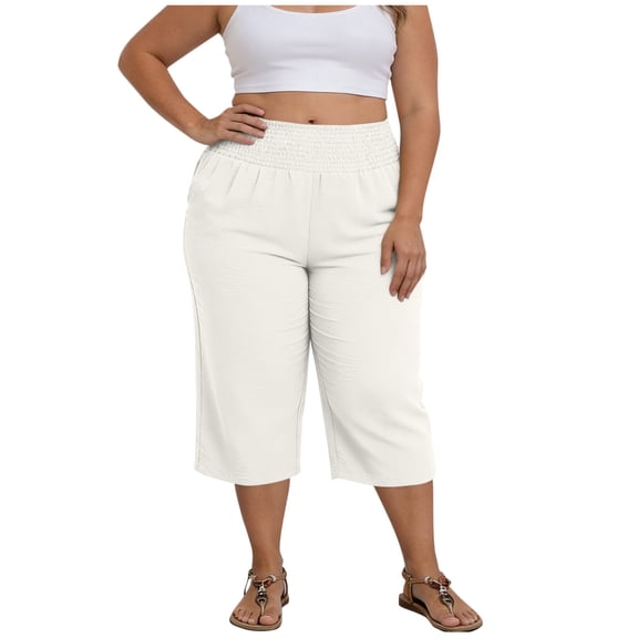 Women's Wide Leg Capri Pants Plus Size High Waisted Smocked Summer Loose Casual Lounge Cropped Trousers with Pockets