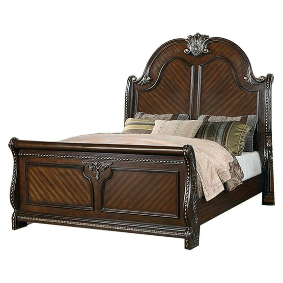 Qoz Wood Queen Size Bed with Carved Trim, Scalloped Headboard, Brown - Saltoro Sherpi