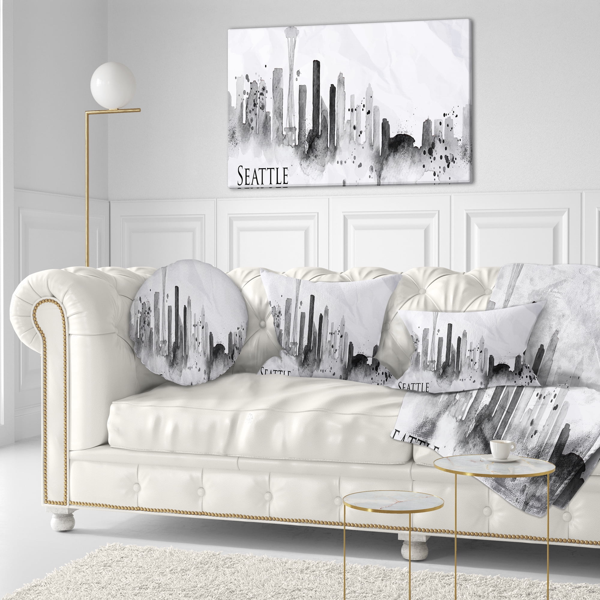 Designart Seattle Black Silhouette - Cityscape Painting Throw Pillow - 12x20