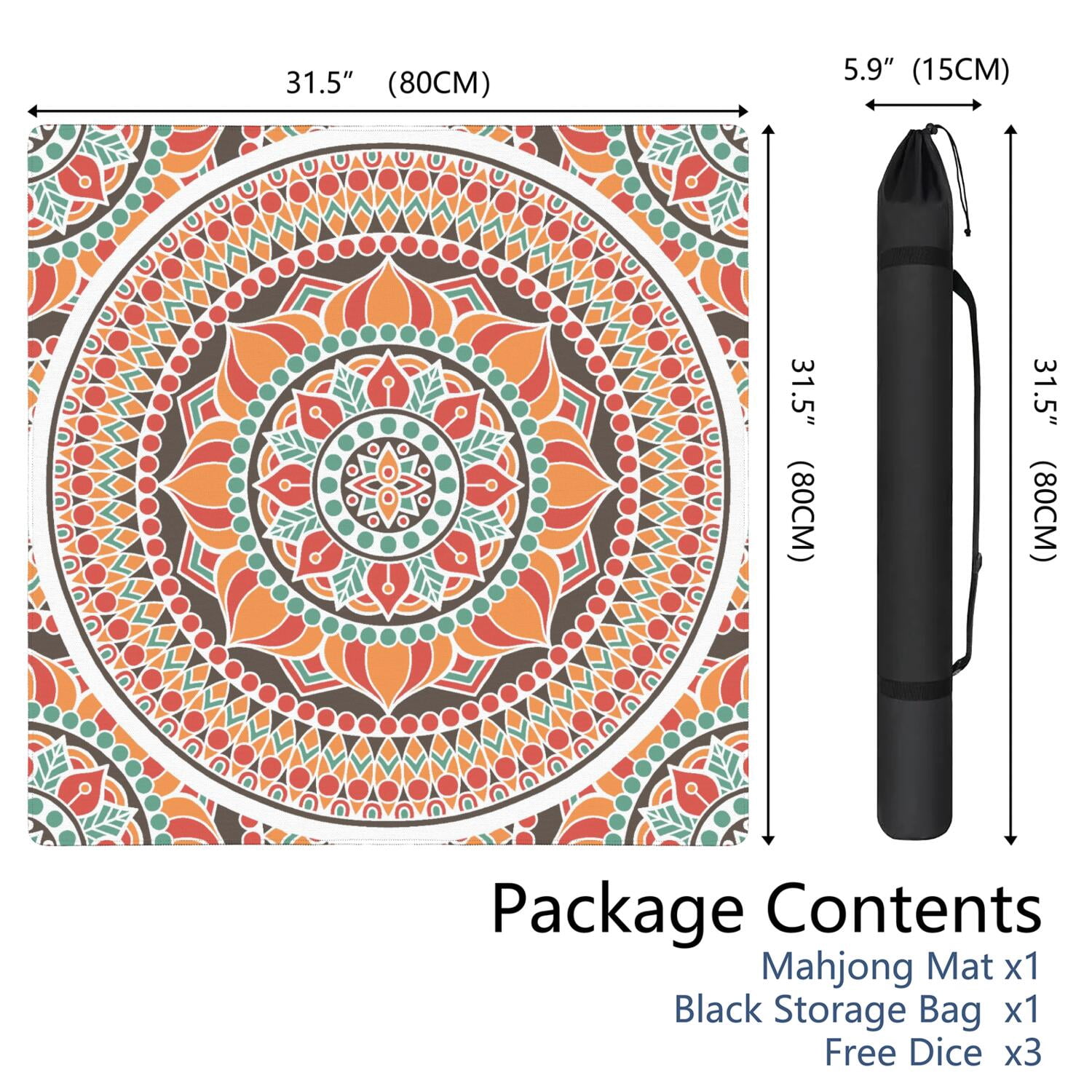 Mandala Mahjong Mat for Table, 31.5*31.5in Anti Slip American Mahjong Table Cloth, Noise Reduction, Neoprene Mah jongg Mat with Carrying Bag & 3 Dices, Mahjong Accessories Gift, Board Tile Games Mats