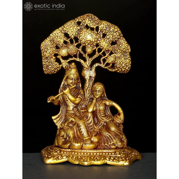 7" Handmade Brass Radha Krishna Under Tree Flat Statue for Puja Décor