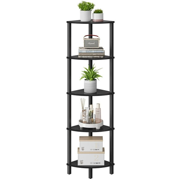 VIMBER Corner Shelf 5-Tier Corner Bookshelf Industrial Corner Ladder Shelf Modern Display Shelf for Living Room Bedroom Kitchen Home Office Black UJSJ001B