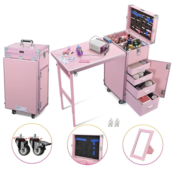 vernis à ongles boîte de rangement beauté roulement maquillage table  station avec 4 tiroirs manucure table trolley valise