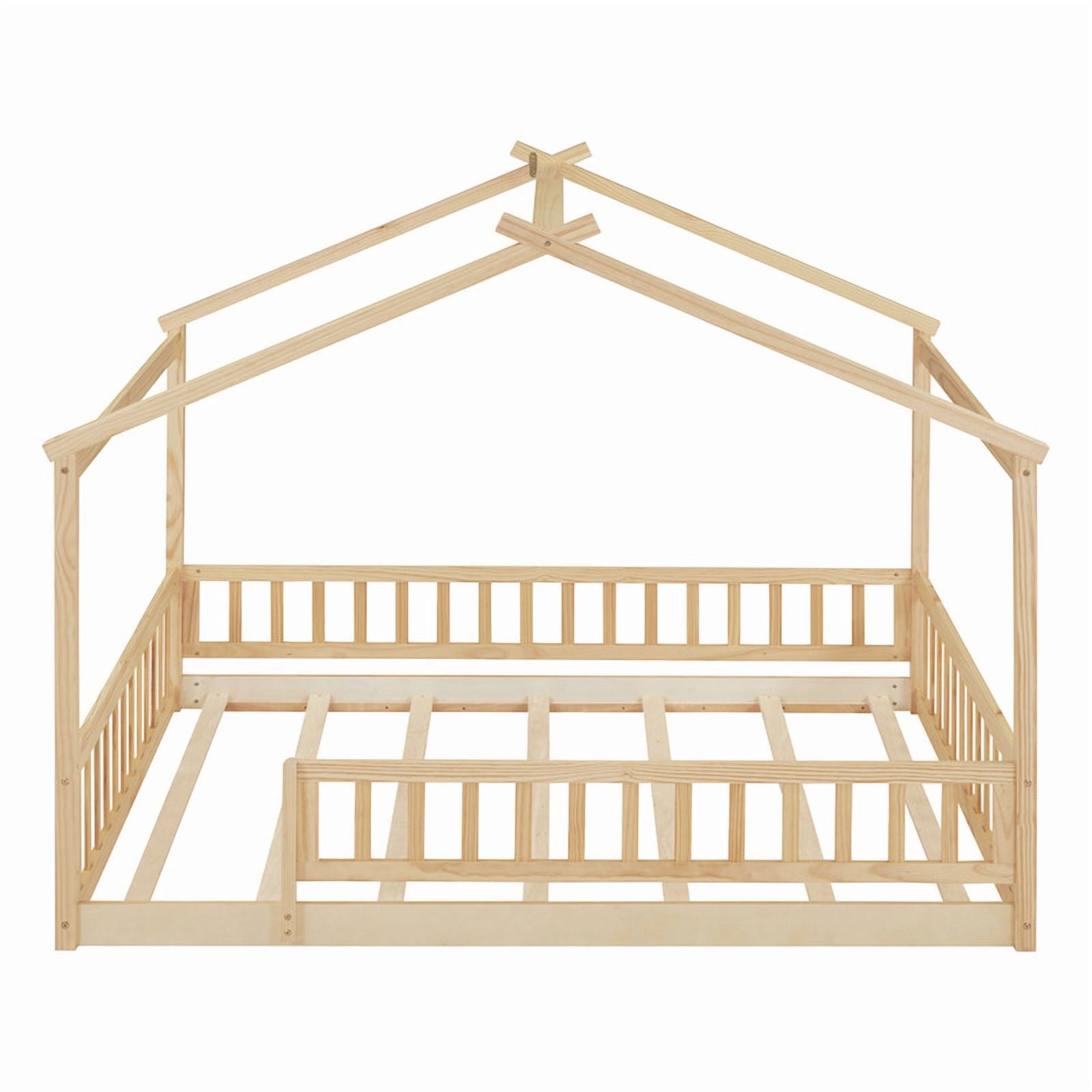 Full Size Wood House Bed with Fence and Roof Frame, Kids Floor Montessori Bed with Safety Guardrails, Sturdy Pinewood Playhouse Bed for Boys Girls