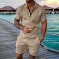 thumbnail image 3 of Men's Spring Summer 2-Piece Tracksuit, Short Sleeve Polo Shirt and Shorts, Casual Sport Suit For Hot Weather Outdoor Activities,Beige,3XL, 3 of 7