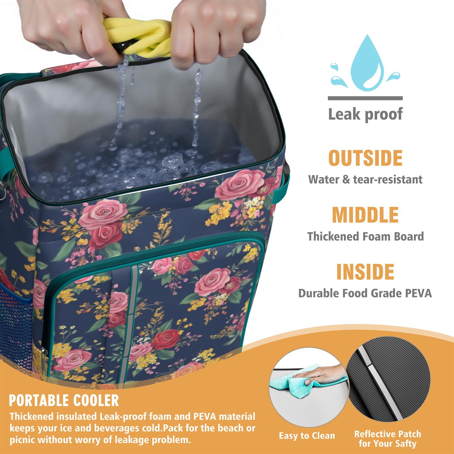 Travel Cooler Bag - Pioneer Flower Floral Print Pattern Camping Beer Cooler Backpack with Bottle Opener- Waterproof Insulated Picnic Backpacks - Cooler Bag for Beach