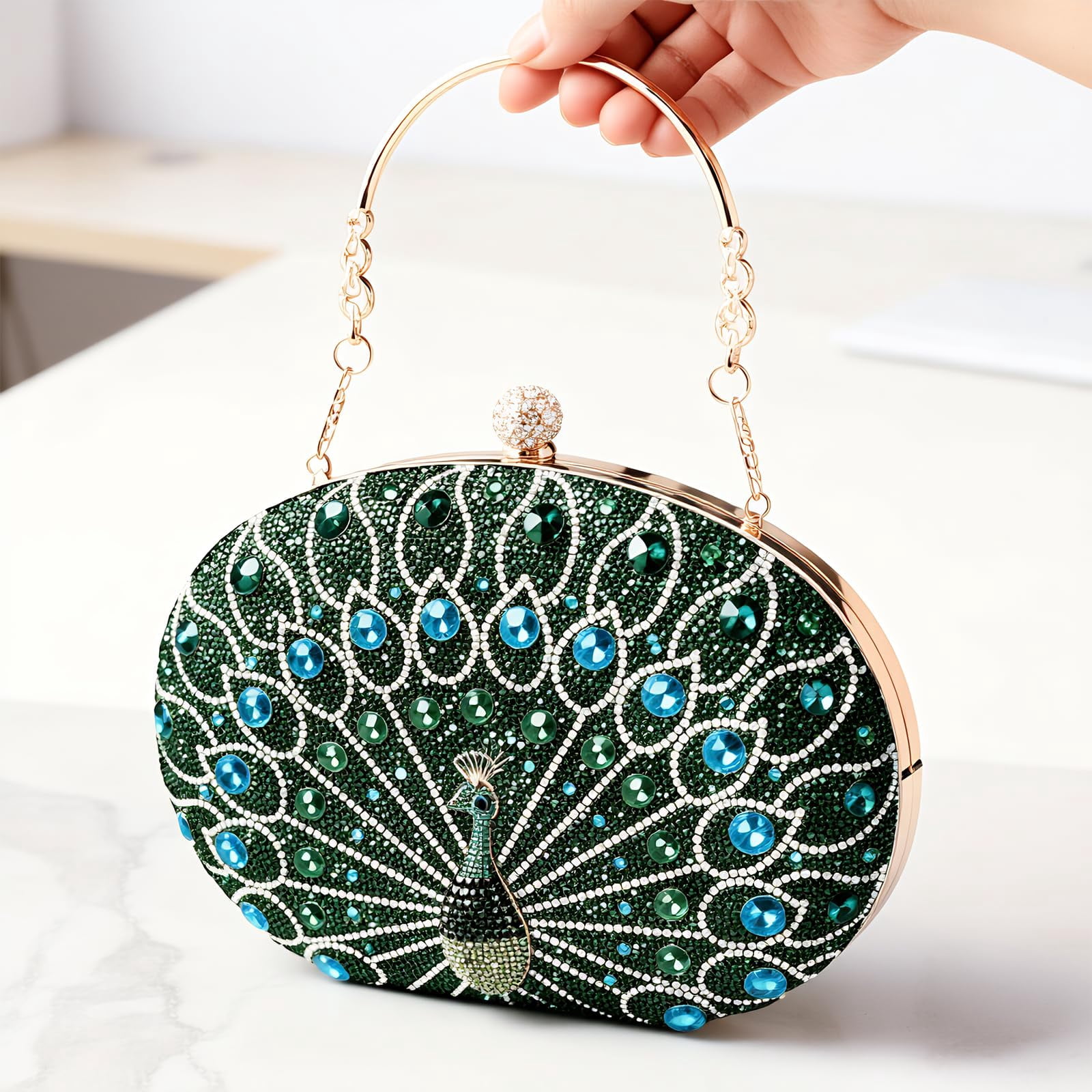 Rhinestone Clutch Purses for Women Emerald Green Peacock Purse, Elegant Evening Bags for Wedding Formal Party (1 Pack)