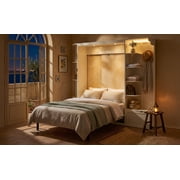 Mintazer Queen Murphy Bed with Side Shelves & LED Lights, Modern Foldable Wall Bed for Bedroom Apartment Guest Room, White