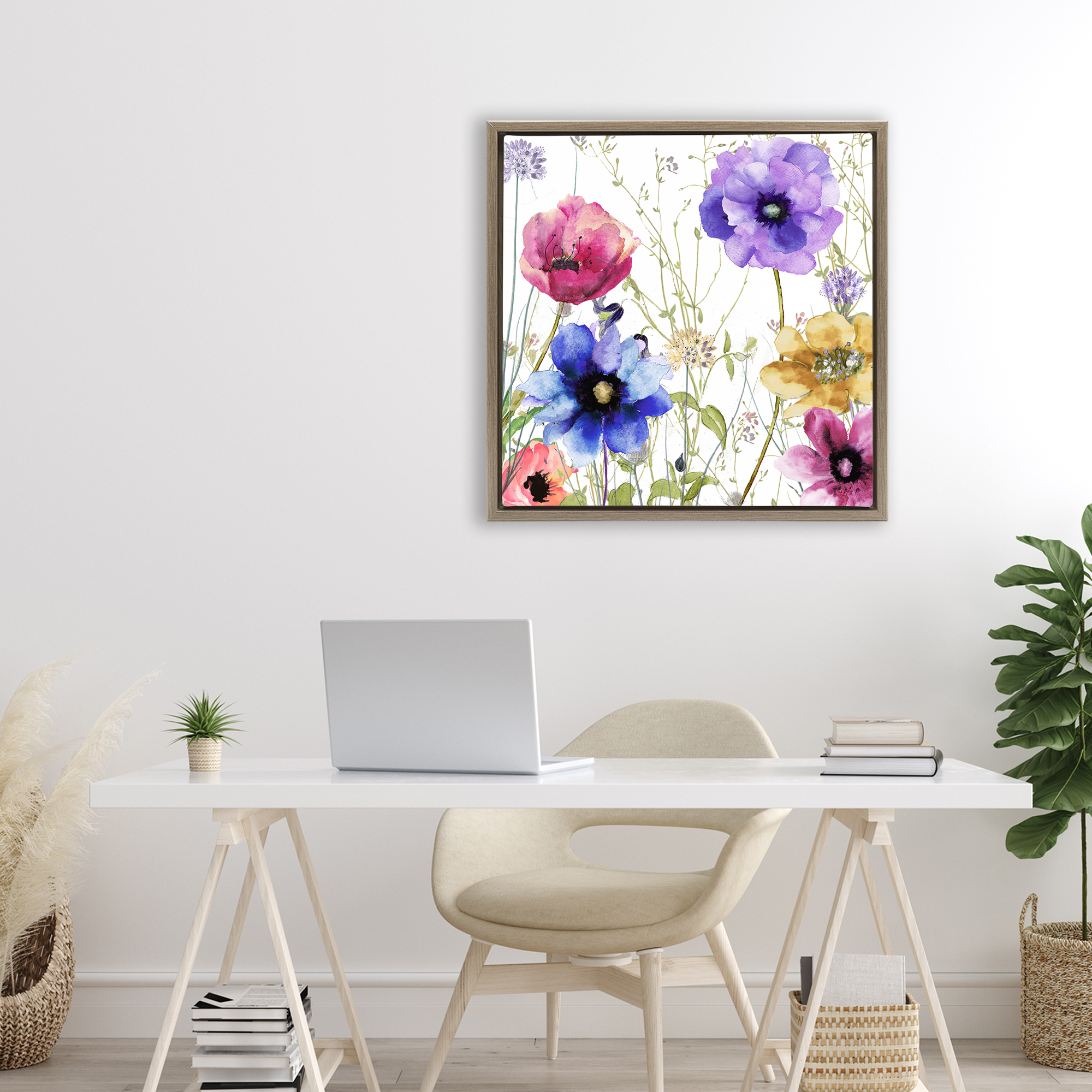 Modern Spring Garden Flowers Brown Framed Floater Canvas Wall Art, design by Sasha