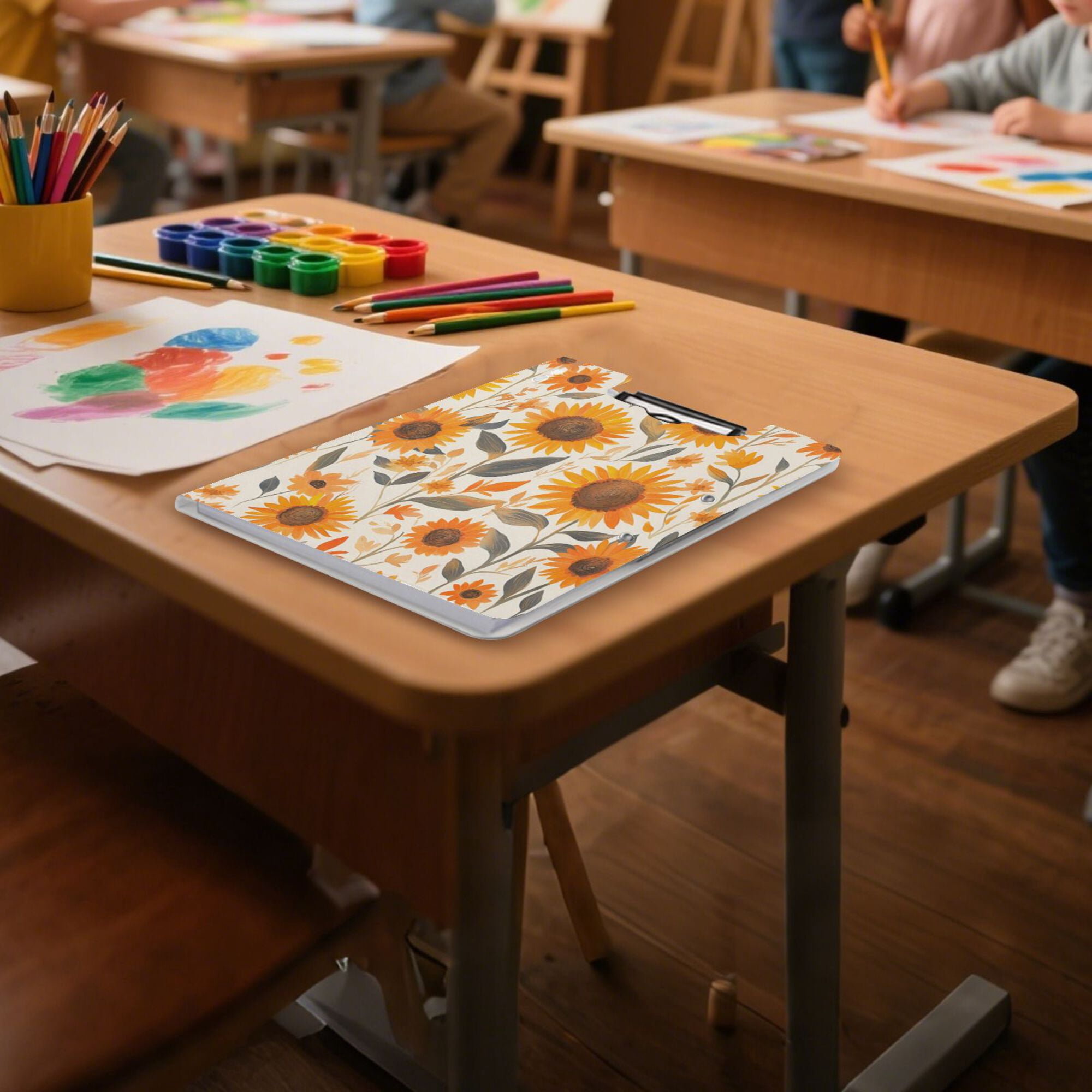 FORMRS A4 Clipboard Folder with Pen Holder Horizontal Foldable School Office Binder, Watercolor Sunflowers and Leaves