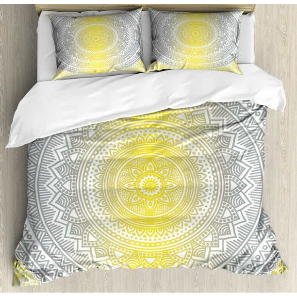 Grey and Yellow Duvet Cover Set, Soft Pastel Color Ombre Ethnic Tribal Mandala Circular Art