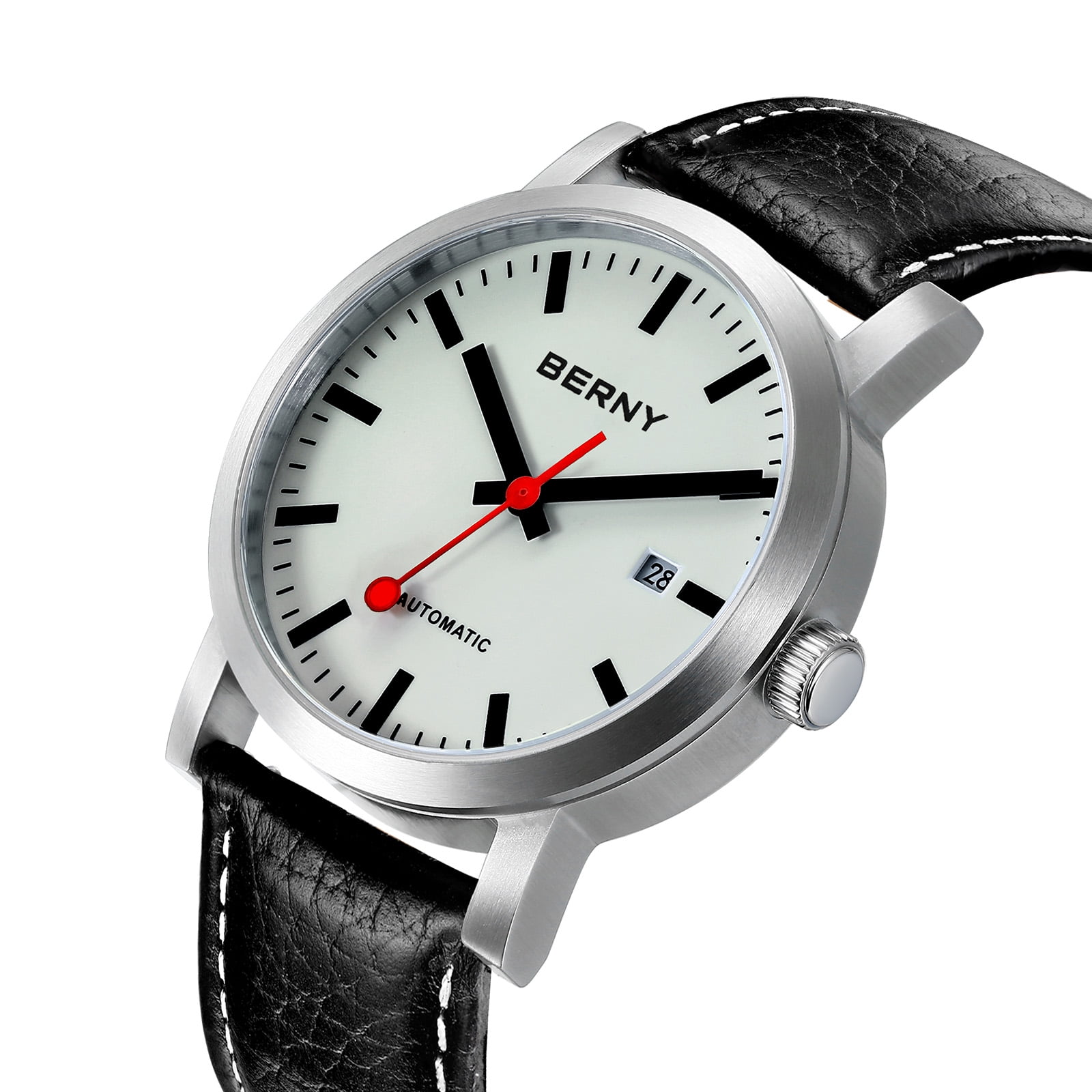 BERNY Automatic Watches for Men, Luxury Self Winding Mechanical Dress Leather Watch with Date, Sapphire Crystal, Luminous, Stainless Steel, 50M Waterproof, Minimalist Mens Watches (White)