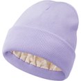 thumbnail image 1 of Gorro de punto con forro de satén para mujer, gorro de invierno para hombre, con forro de seda, suave, holgado y cálido, con puños (morado), 1 of 7