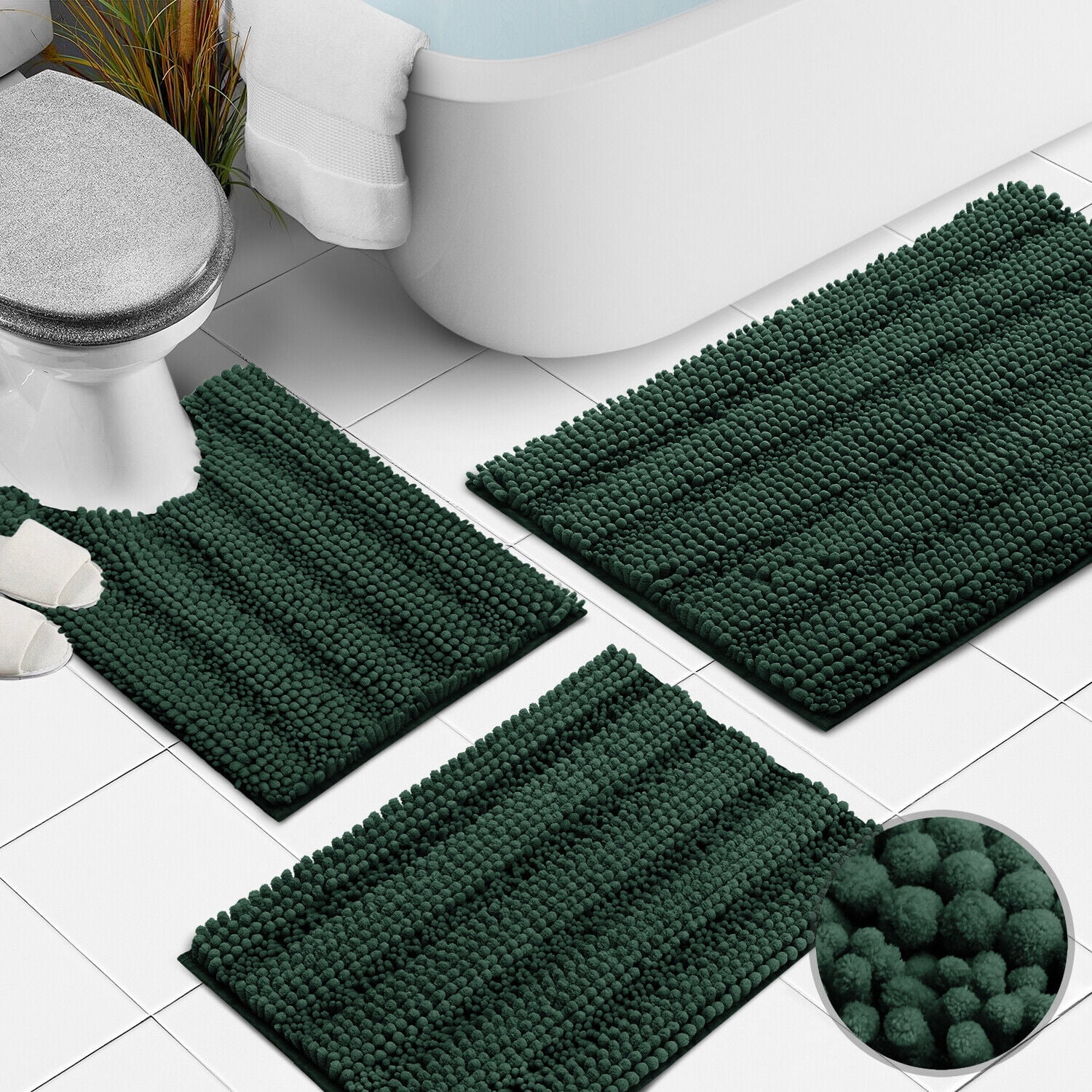 Kmson 3 Piece Bathroom Rugs Bath Mat Set - Soft Plush Chenille Shower Mats  for Bathroom Durable Bath Rug with Rubber Backing, Ultra Absorbent Bath