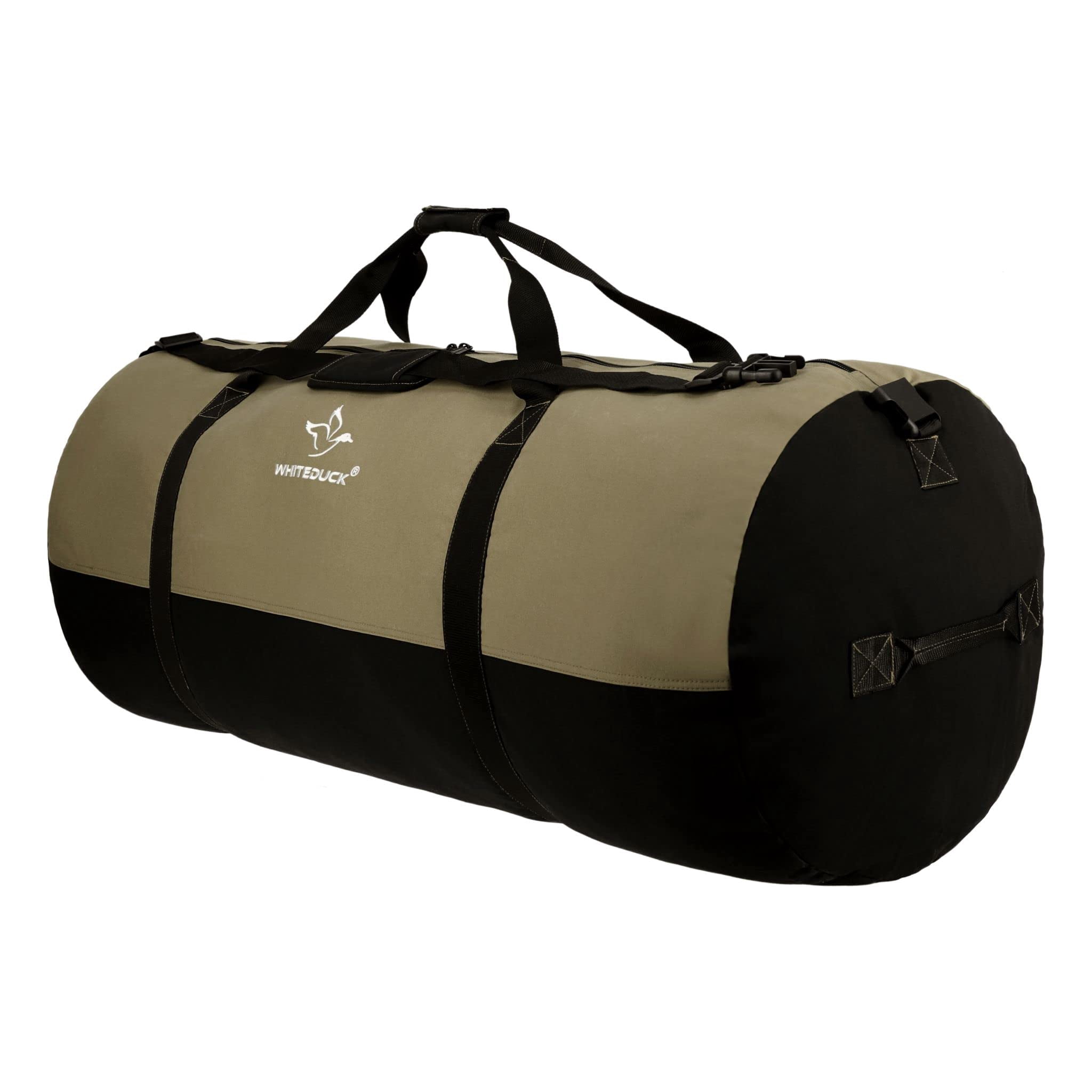 WHITEDUCK Heavy Duty Canvas Duffel Bag for Men and Women - Foldable Military Army Style Duffel Bag, with Full Length Zipper- Outdoors, Travel, Gym & Storage (Large 30" x 18", Olive & Black)