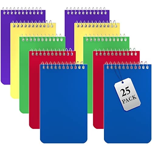 Cuadernos 3x5 espiral - Pack 25 - Bolsillo, hogar, oficina, uni, escuela - Papel rayado - 5 colores - 75 hojas