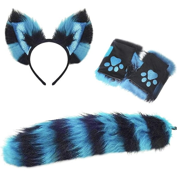 Lucoss Cat Wolf Fox Tail Faux Fur Ear Headband Paw Gloves Set for Adult Children Halloween Xmas Fancy Party Cosplay Costume Gifts