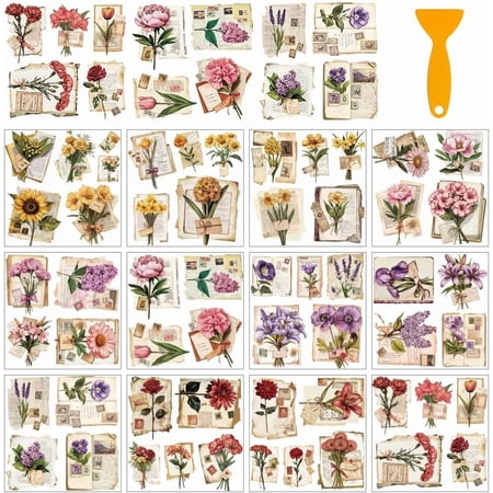 12 Sheets Vintage Rub On Transfer Stickers with Scraper Flowers Postcards Envelopes Stamps Rustic Art Display