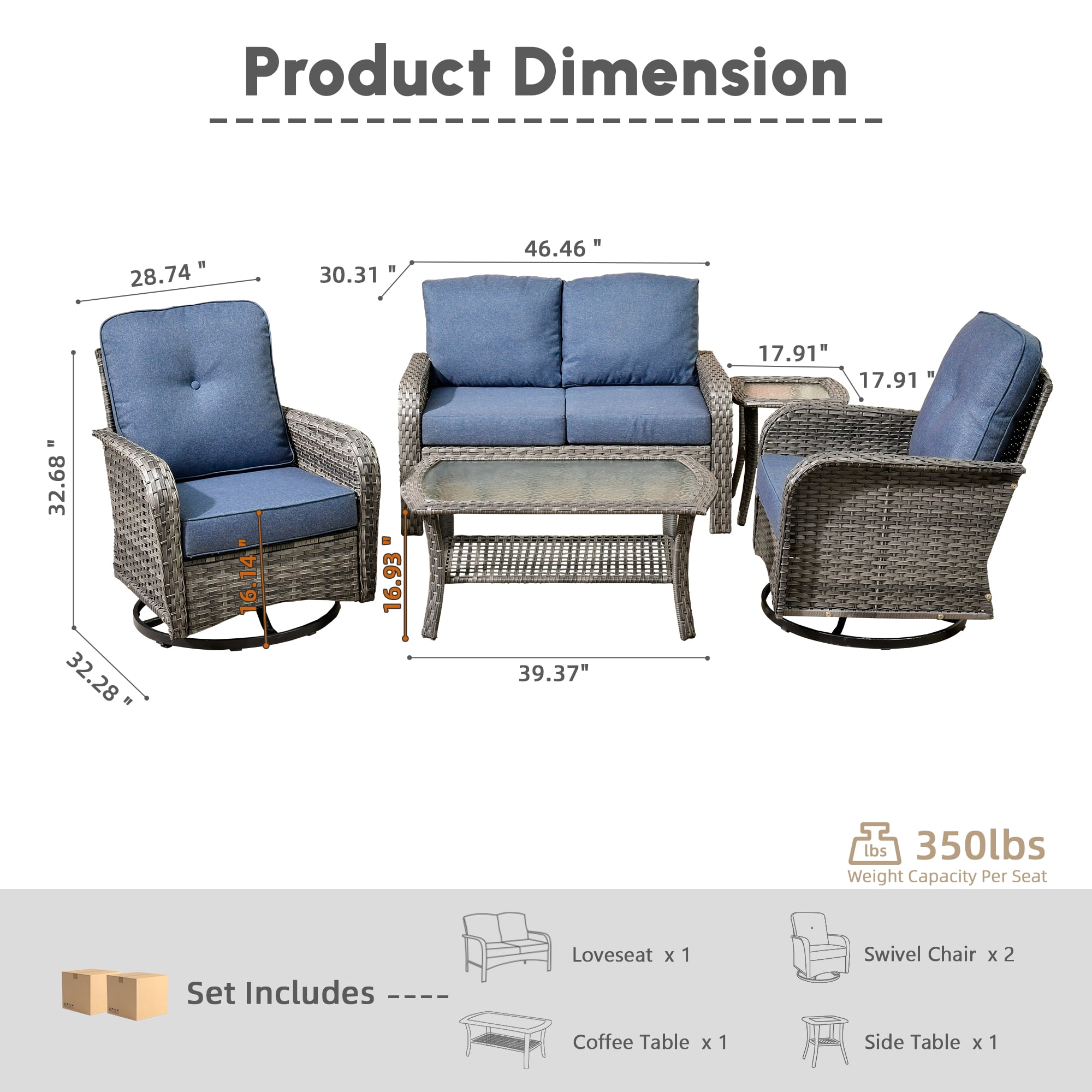 Ovios 5 Pieces Outdoor Patio Furniture Set High Back All Weather Wicker Conversation Set with Swivel Chairs & Coffee Table, Denim Blue