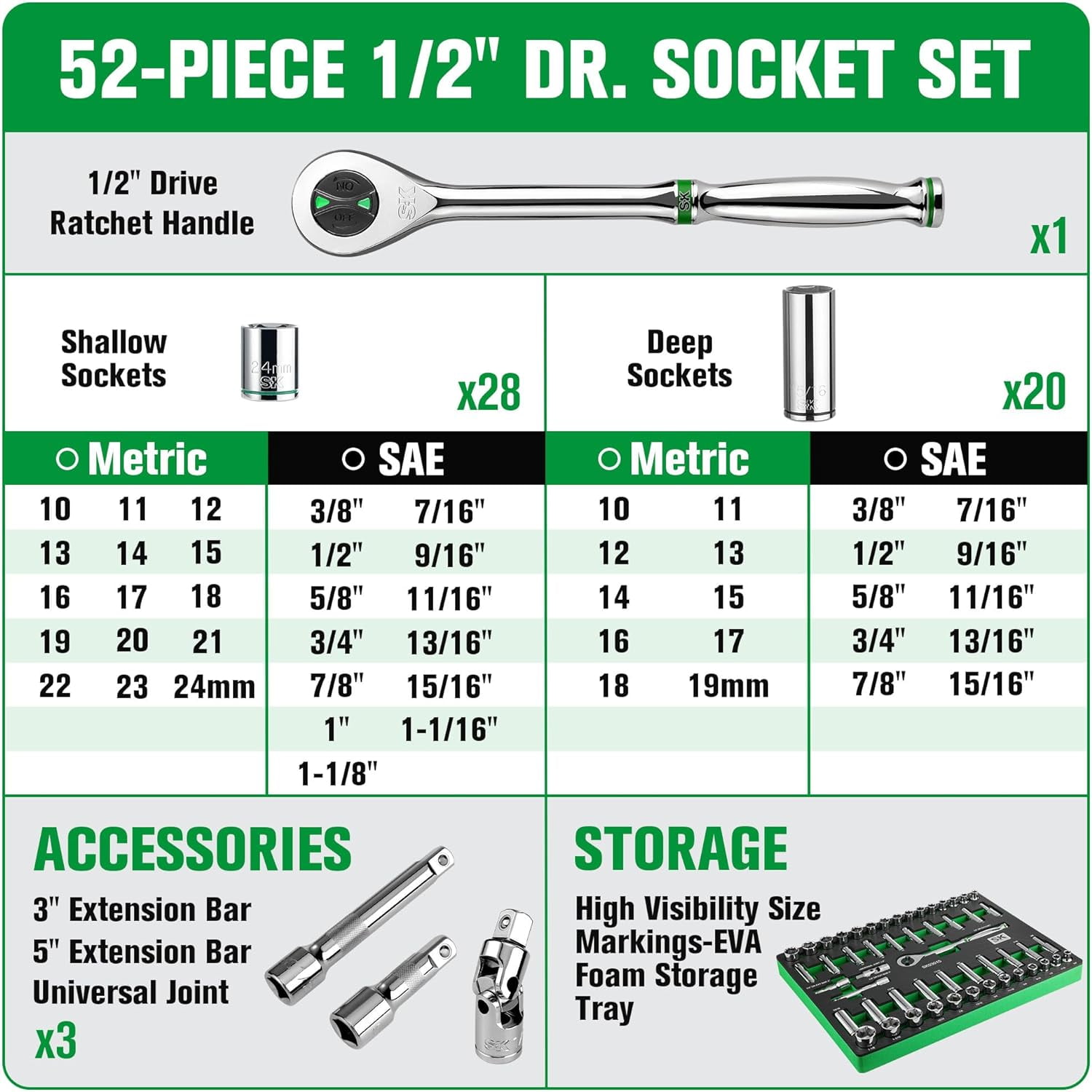 SK 1/2" Drive Socket Set with 160-P Ratchet, 52-Piece, SAE & Metric, SuperKrome Finish, Preminum CR-V Construction, with EVA Foam Tool Organizer
