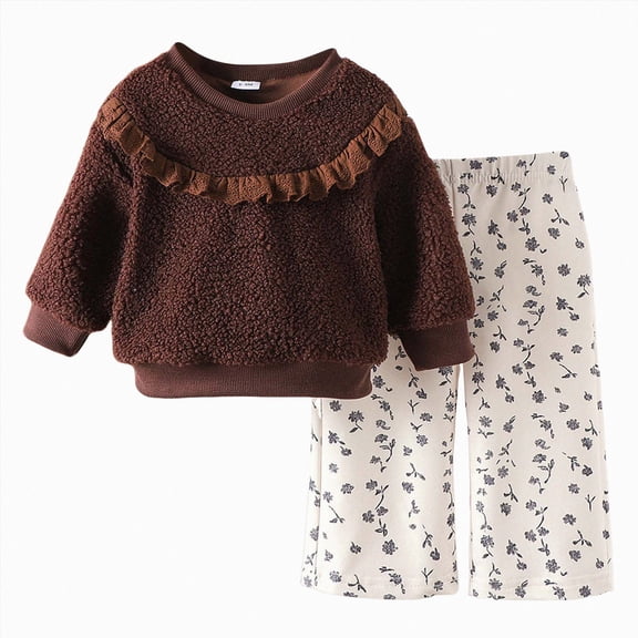 TOWED22 Toddler Baby Girl Cute Clothes Set 2 Piece Long Sleeve Sweatshirt and Joggers Print Outfits Clothing Fall Winter(Coffee,6-9 M)