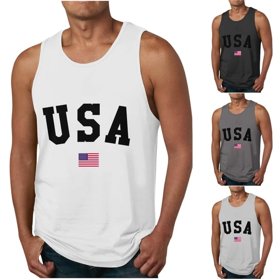 WREESH Patriotic Fitness Tops Men's Round Neck Graphic Tank Top Summer Casual Fashion Shirts Black