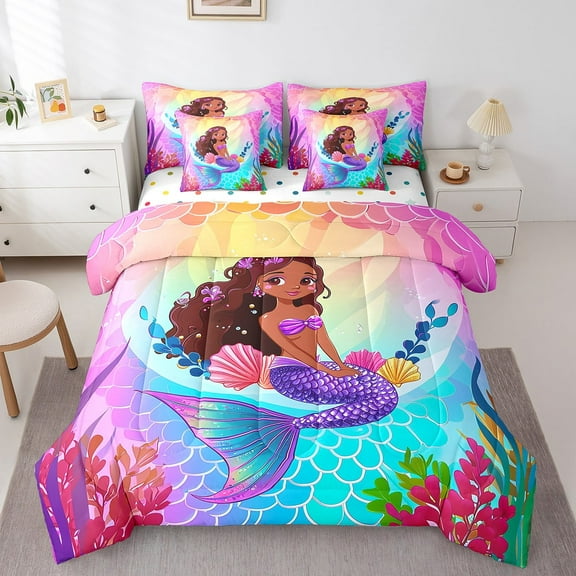 Erosebridal Cartoon Mermaid Bed in a Bag 7 Pieces Princess Bedding Set, Mermaid Tail Fish Scales Twin Size Comforter Set Pink Blue Gradient Bedding Comforter Sets, Sea Ocean Coral Bed Set
