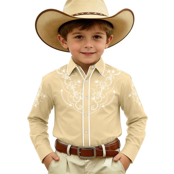 Boys Printed Long Sleeve Western Shirt, Snap Button Cowboy Collared Top for Kids 4-11 Years