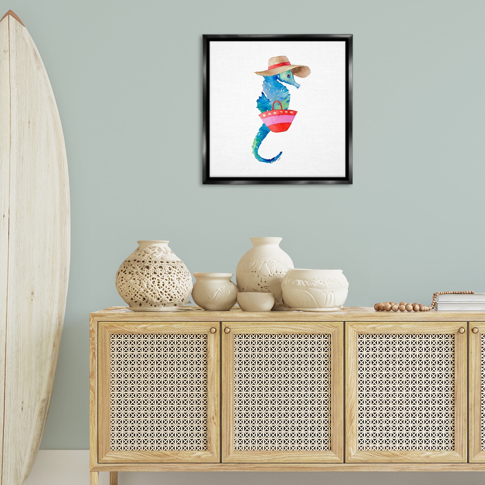 Stupell Industries Seahorse in Beach Hat Novelty Painting Black Floater Framed Canvas Art Print Wall Art, 25 x 25