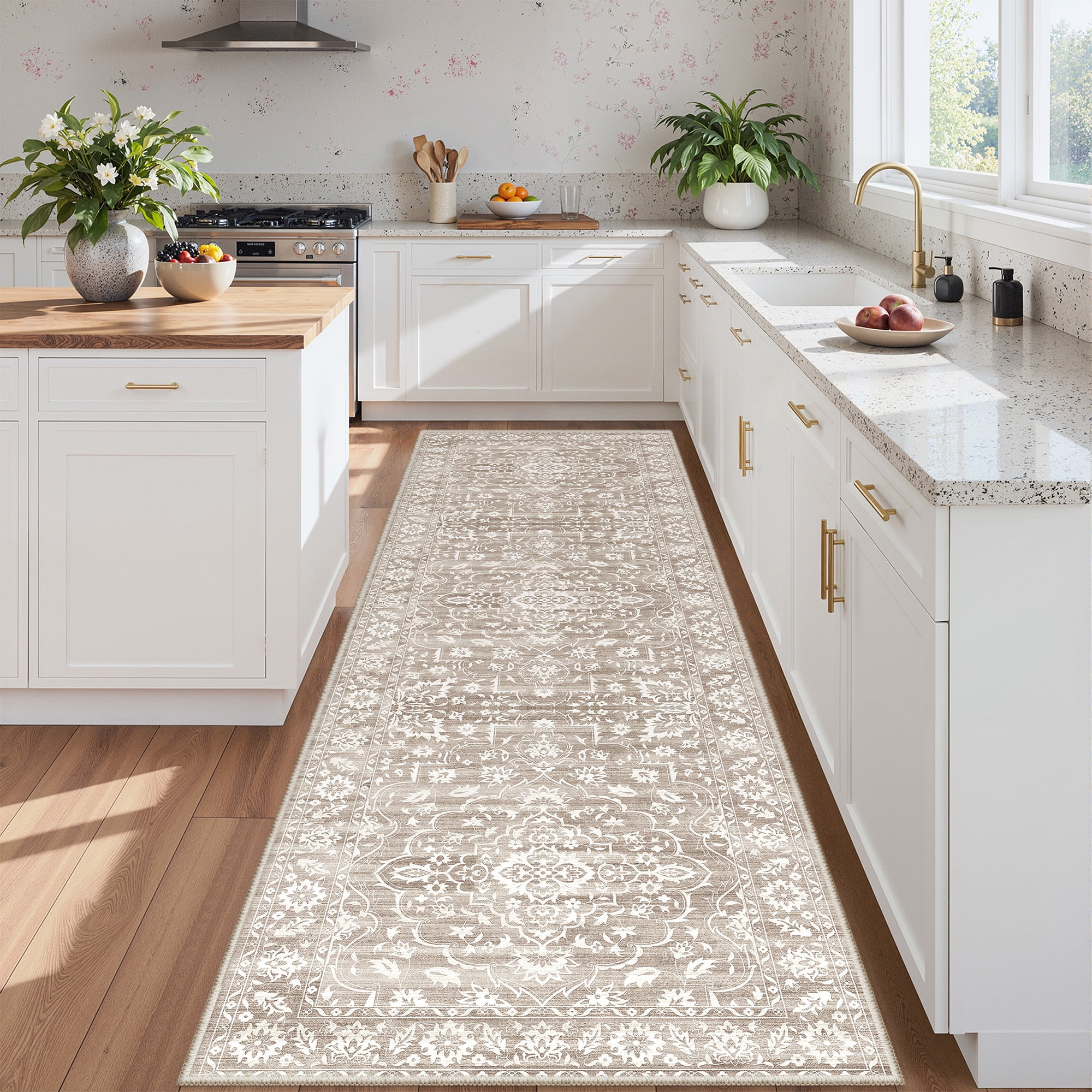 Roxstand Washable Runner Rug 2'6x8, Stain Resistant Floral Vintange Kitchen Rugs, Non-Slip Thin Hallway Runner Rug for Entryway Laundry(2'6x8', Brown)