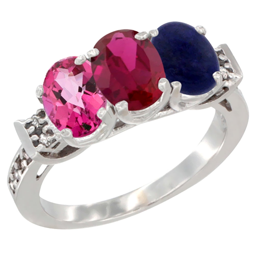 10K White Gold Natural Pink Topaz, Enhanced Ruby & Natural Lapis Ring 3-Stone Oval 7x5 mm Diamond Accent, sizes 5 10 by WorldJewels