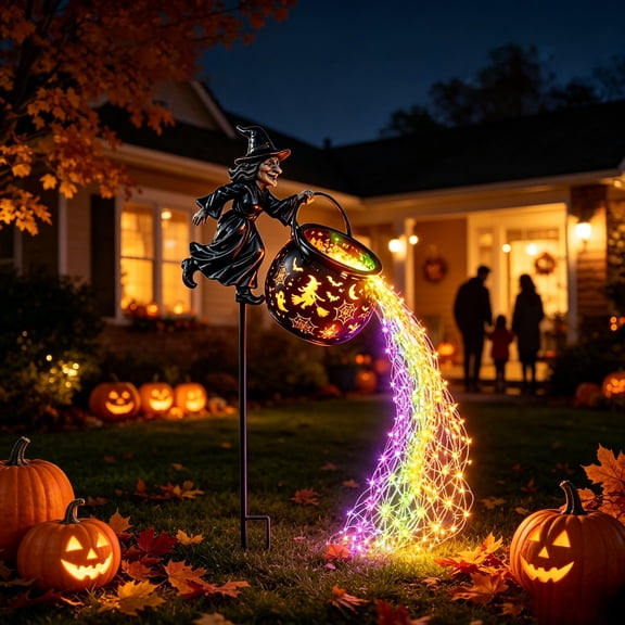 Halloween Witch Cauldron Garden Stake Light 3D Witch Figure with Cascading Multicolor LED Light Stream Waterproof Outdoor Yard Decor for Halloween Holiday Party Decoration