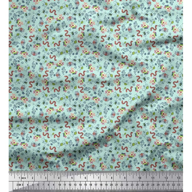 Soimoi Polyester Crepe Fabric Earthworm,Fruit & Insect Printed Craft Fabric by The Yard 42 Inch Wide