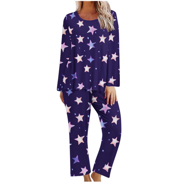 Tnhcen Ensemble de Pyjama Imprimé Mode 2 Pcs pour Femmes Manches Longues Col Rond Vêtements de Nuit Maison P-2TG