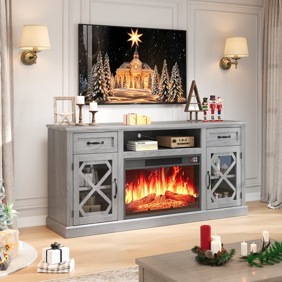 Fireplace TV Stand, LEGAHOME 59in TV Stand with 23in Fireplace for 65 inch TVs, Farmhouse Entertainment Center for Living Room, 400Sqt Heating Area, Gray