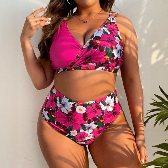 Sokhug Womens Plus Size Printed Bikini Set Push Up Two Piece Split Flattering Casual Bathing Suit