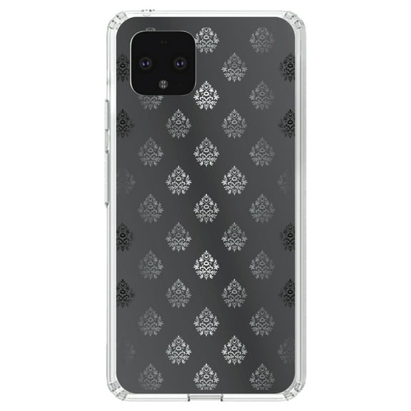 DistinctInk Clear Shockproof Hybrid Case for Google Pixel 4 (5.7" Screen) - TPU Bumper, Acrylic Back, Tempered Glass Screen Protector - Silver Grey Black White Damask - Floral Damask Pattern