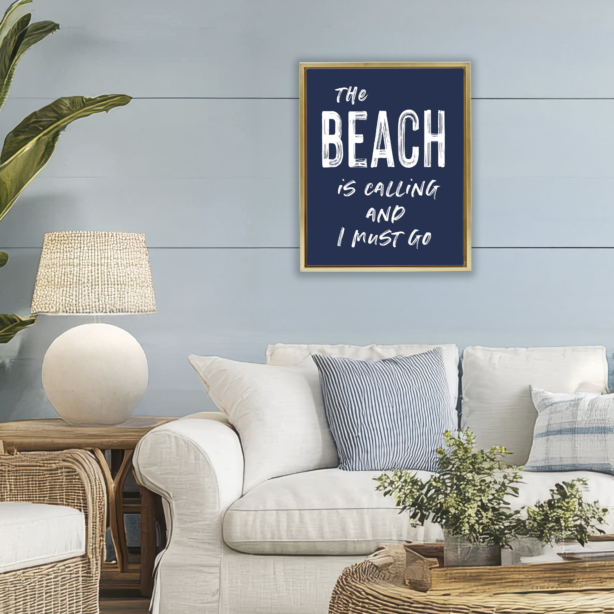 Beach Is Calling Summer Sentiment Gold Framed Floater Canvas Wall Art, design by Lettered and Lined