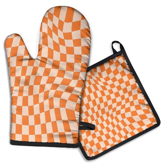 Orange and White Wavy Checkerboard Pattern Kitchen Oven Mitt and Pot Holder Sets 2 Pcs for Baking, Cooking and Grilling, Heat Resistant Up To 392 °F
