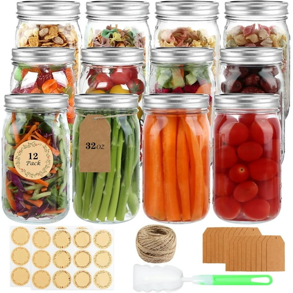 Wide Mouth Mason Jars 32 oz, 12 Pack Clear Glass Mason Jars with Airtight Lids and Bands, Quart Canning Jars for Preserving, Canning, Meal Prep, Pickling