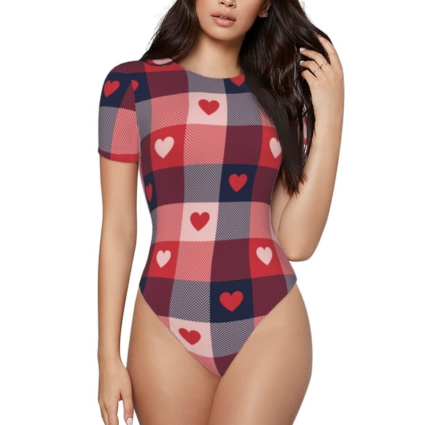 Balery Heart Plaid Body de cuello redondo de manga corta para mujer Tops de manga corta Tops básicos-Medium
