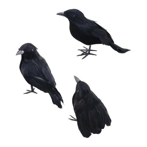 Cuervos con plumas negras de Halloween, decoración de cuervos artificiales aterradores hechos a mano de aspecto realista para fiestas, eventos, hogar, combinado