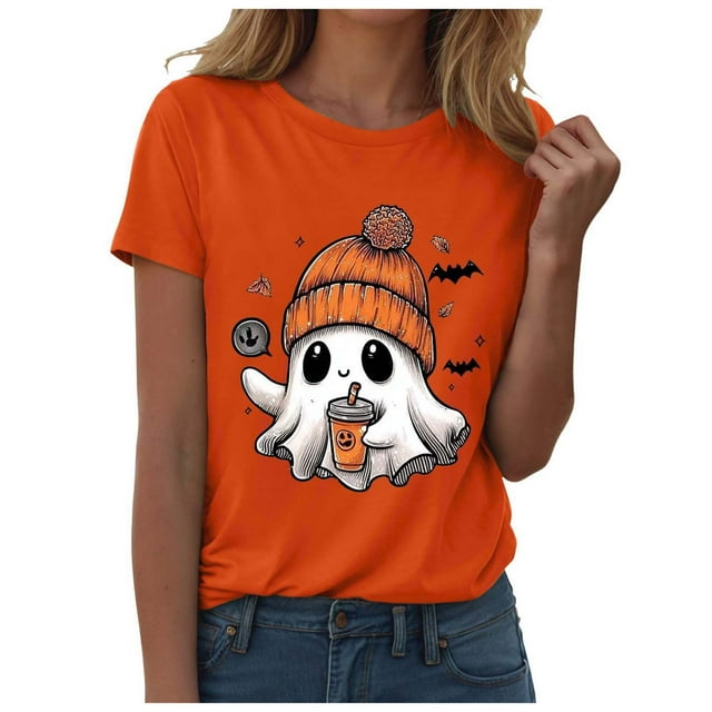 T-shirt Graphique à Manches Courtes d'Halloween pour Femmes Col Rond Décontracté pour Tenue de Fête d'Été avec Jeans