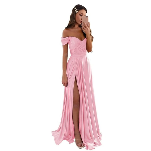 Vestido de fiesta GODCUN de satén con hombros descubiertos y abertura en A, rosa