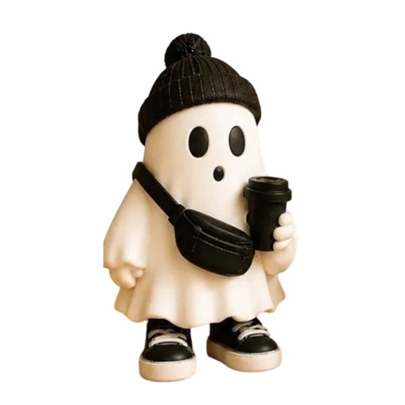 1Pc Halloween Ghost Figurine, Classic Resin Ornaments With Coffee Cup, Adult Home Tabletop Shelf Halloween Fall Decor