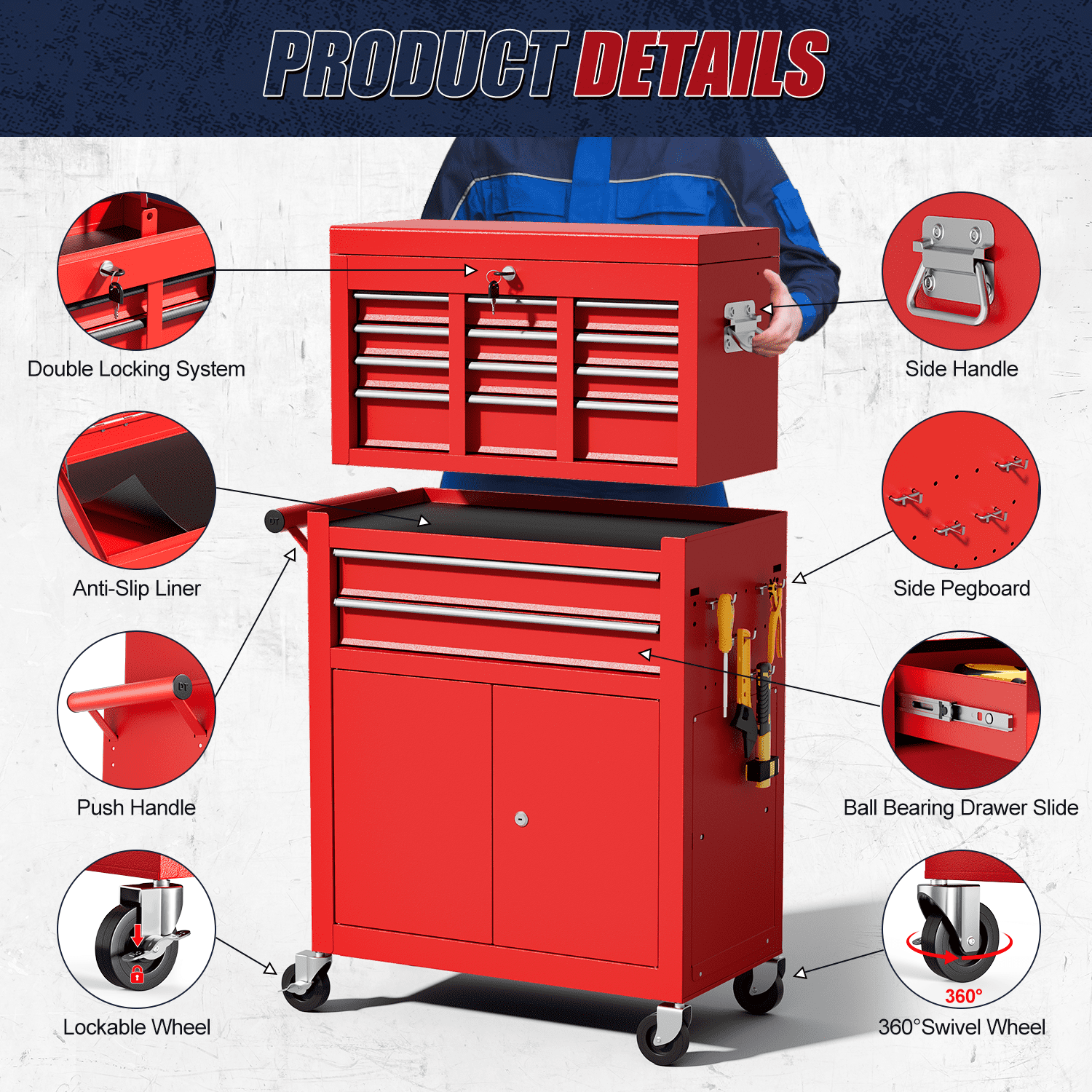 ZBOM 24.2 inch 10-Drawer Rolling Tool Chest, Sliding Metal Drawer Rolling Tool Storage Cabinet, Removable Toolbox Organizer for Workshop, Garage