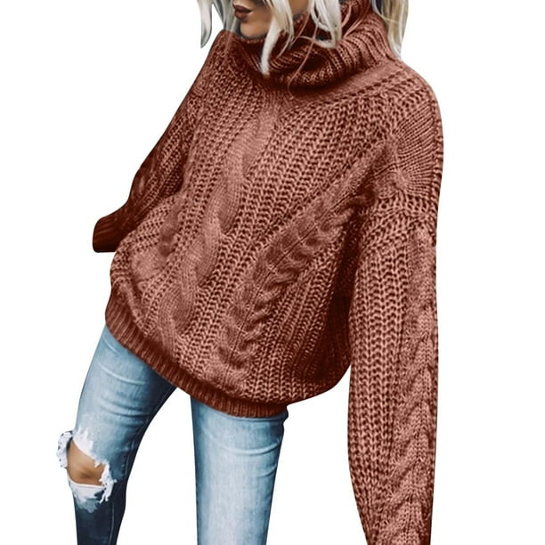 Gibobby Suéter de cuello alto mujer, Suéter 2023 para mujer, cuello alto, liso, casual, color sólido, cómodo, elegante(Café,G)